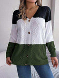 Cable-Knit Striped Button Up Cardigan - Trendsi - Flyclothing LLC