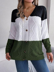 Cable-Knit Striped Button Up Cardigan - Trendsi