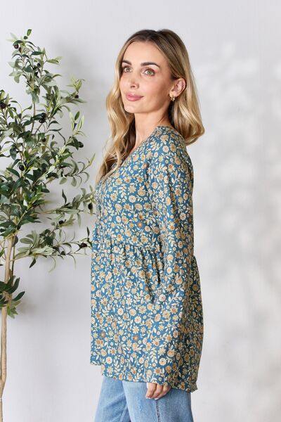 Heimish Full Size Floral Half Button Long Sleeve Blouse - Trendsi