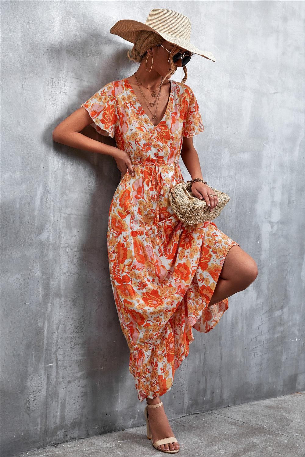 Floral Buttoned Drawstring Waist Tiered Dress - Trendsi - Flyclothing LLC
