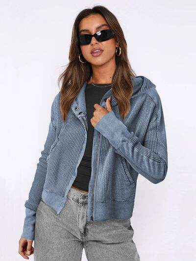 Waffle-Knit Dropped Shoulder Hooded Jacket - Trendsi - Flyclothing LLC