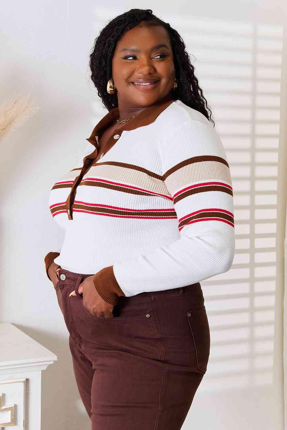 Basic Bae Striped Collared Neck Rib-Knit Top - Trendsi