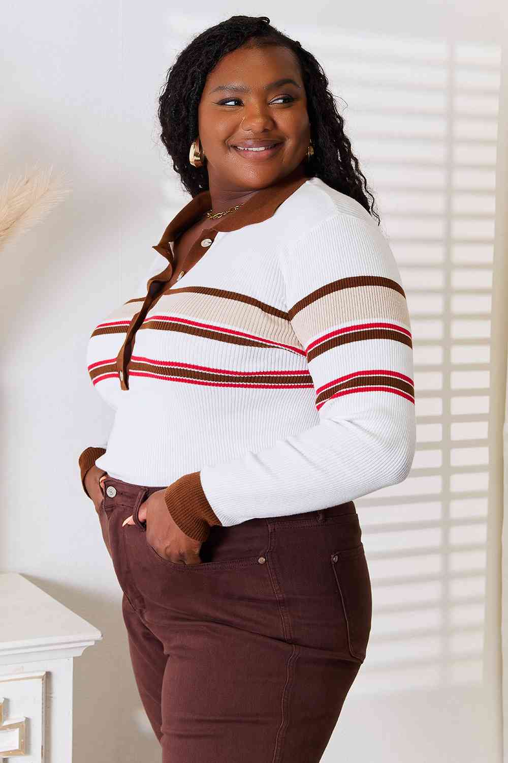 Basic Bae Striped Collared Neck Rib-Knit Top - Trendsi - Flyclothing LLC