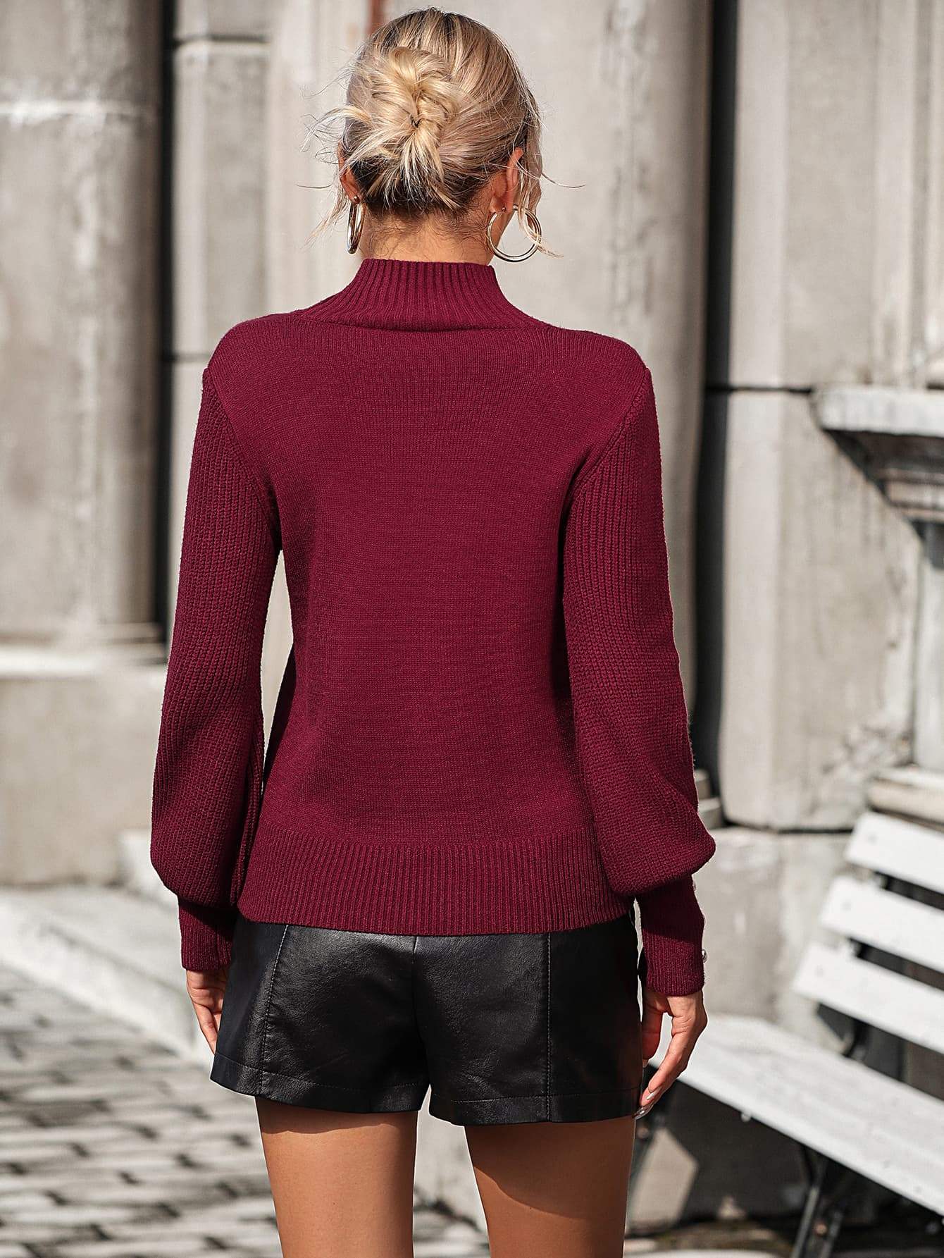 Mock Neck Ribbed Lantern Sleeve Pullover Sweater - Trendsi - Flyclothing LLC