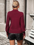 Mock Neck Ribbed Lantern Sleeve Pullover Sweater - Trendsi - Flyclothing LLC