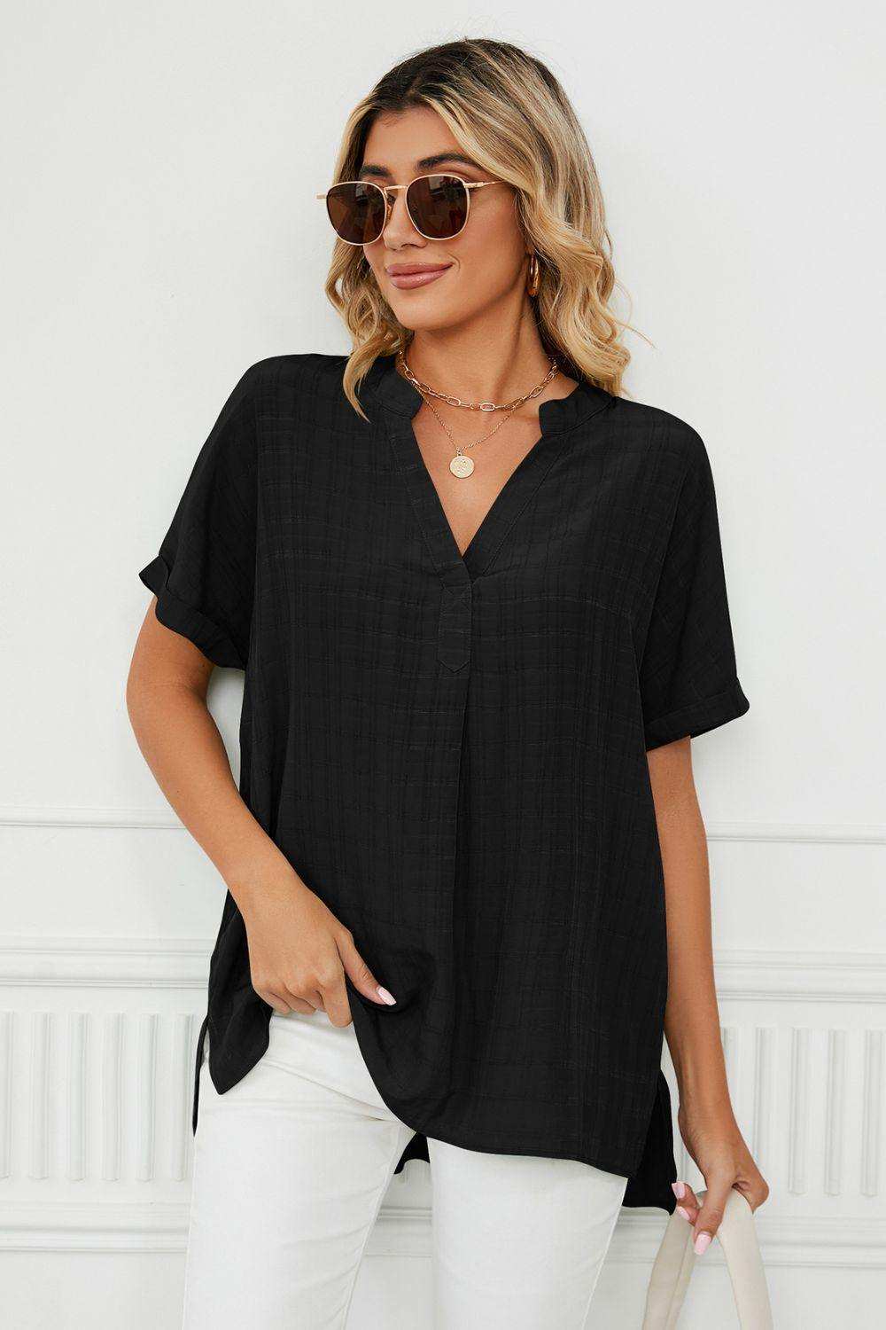 Side Slit Notched Neck Cuffed Short Sleeve Blouse - Trendsi - Flyclothing LLC