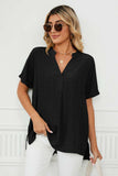Side Slit Notched Neck Cuffed Short Sleeve Blouse - Trendsi - Flyclothing LLC