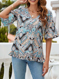 Printed Flounce Sleeve Ruffle Hem Blouse - Trendsi - Flyclothing LLC