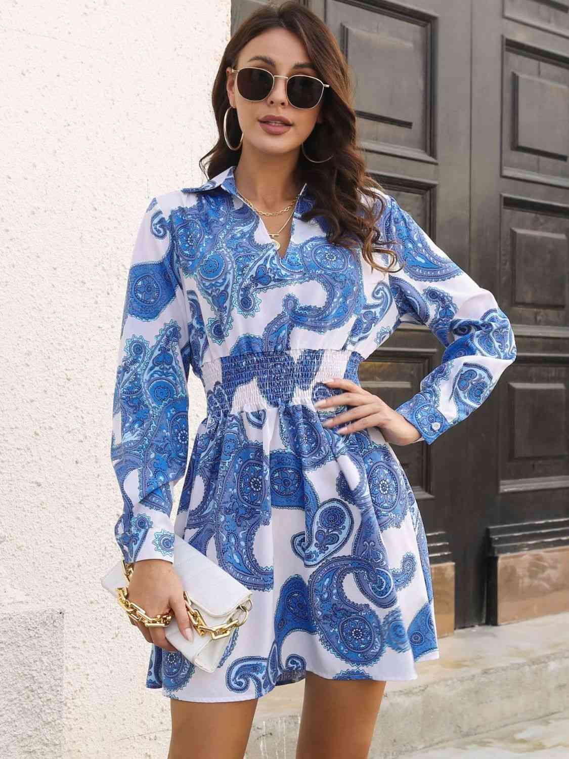 Paisley Print Johnny Collar Smocked Dress - Trendsi - Flyclothing LLC