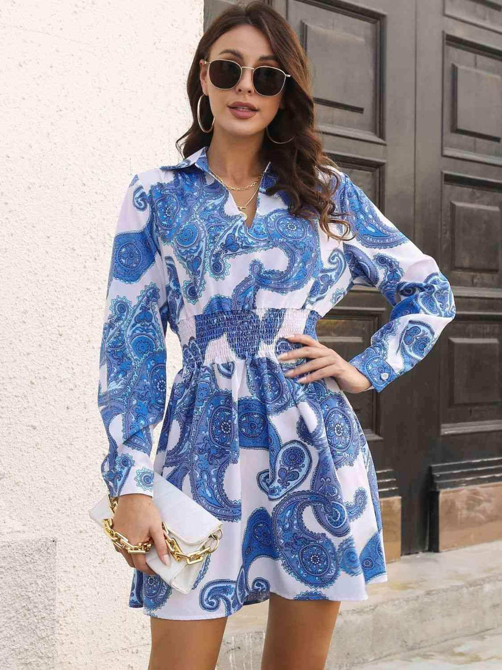 Paisley Print Johnny Collar Smocked Dress - Trendsi - Flyclothing LLC