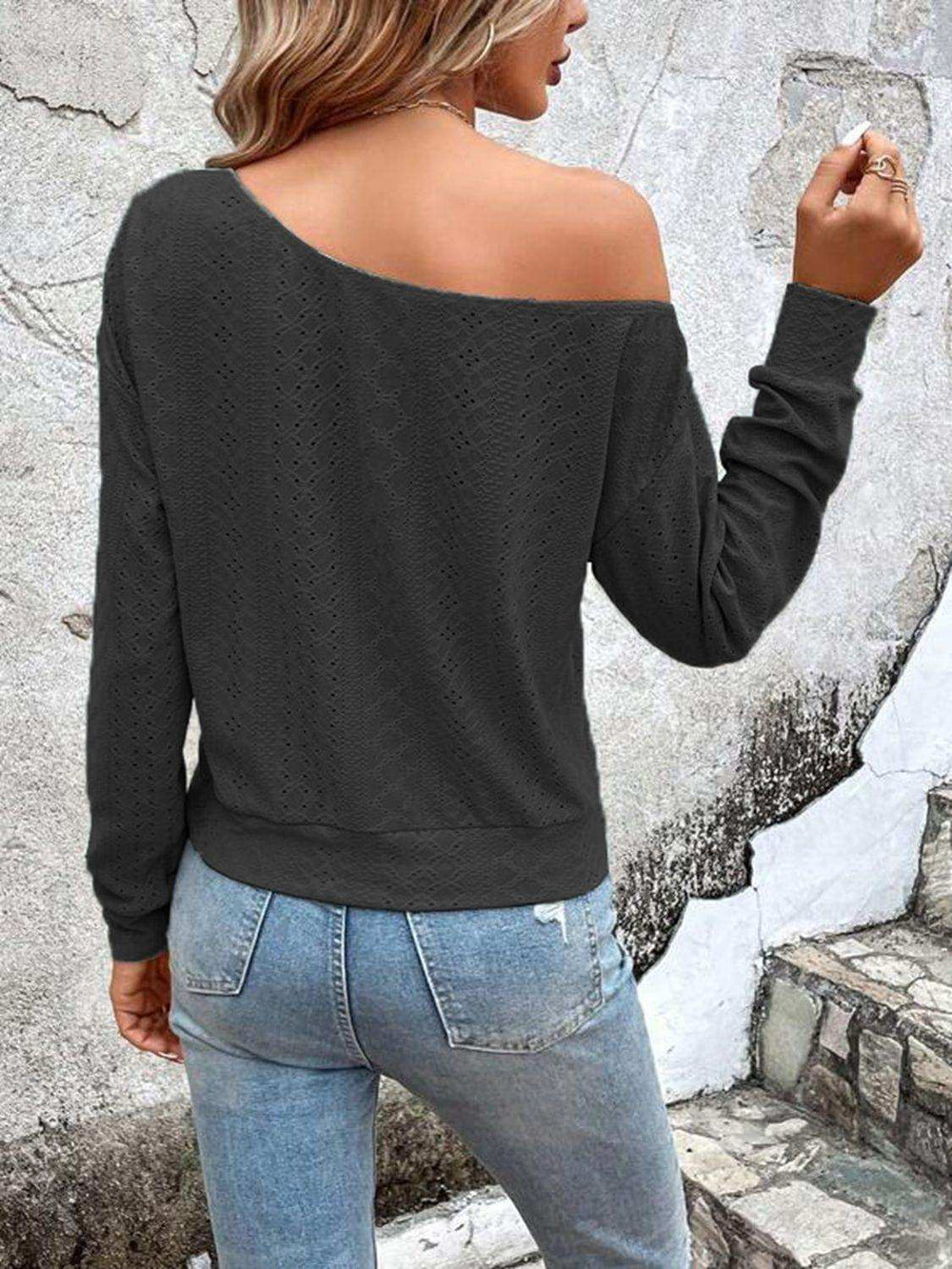 Eyelet Dropped Shoulder Blouse - Trendsi - Flyclothing LLC