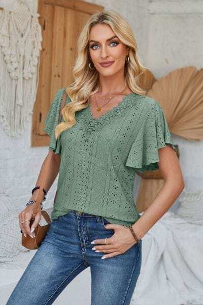 Eyelet Applique V-Neck Cap Sleeve T-Shirt - Trendsi - Flyclothing LLC