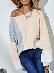 Color Block Balloon Sleeve Boat Neck Sweater - Trendsi