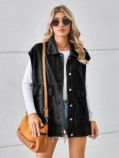 Pocketed Button Up Sleeveless Denim Jacket - Trendsi - Flyclothing LLC