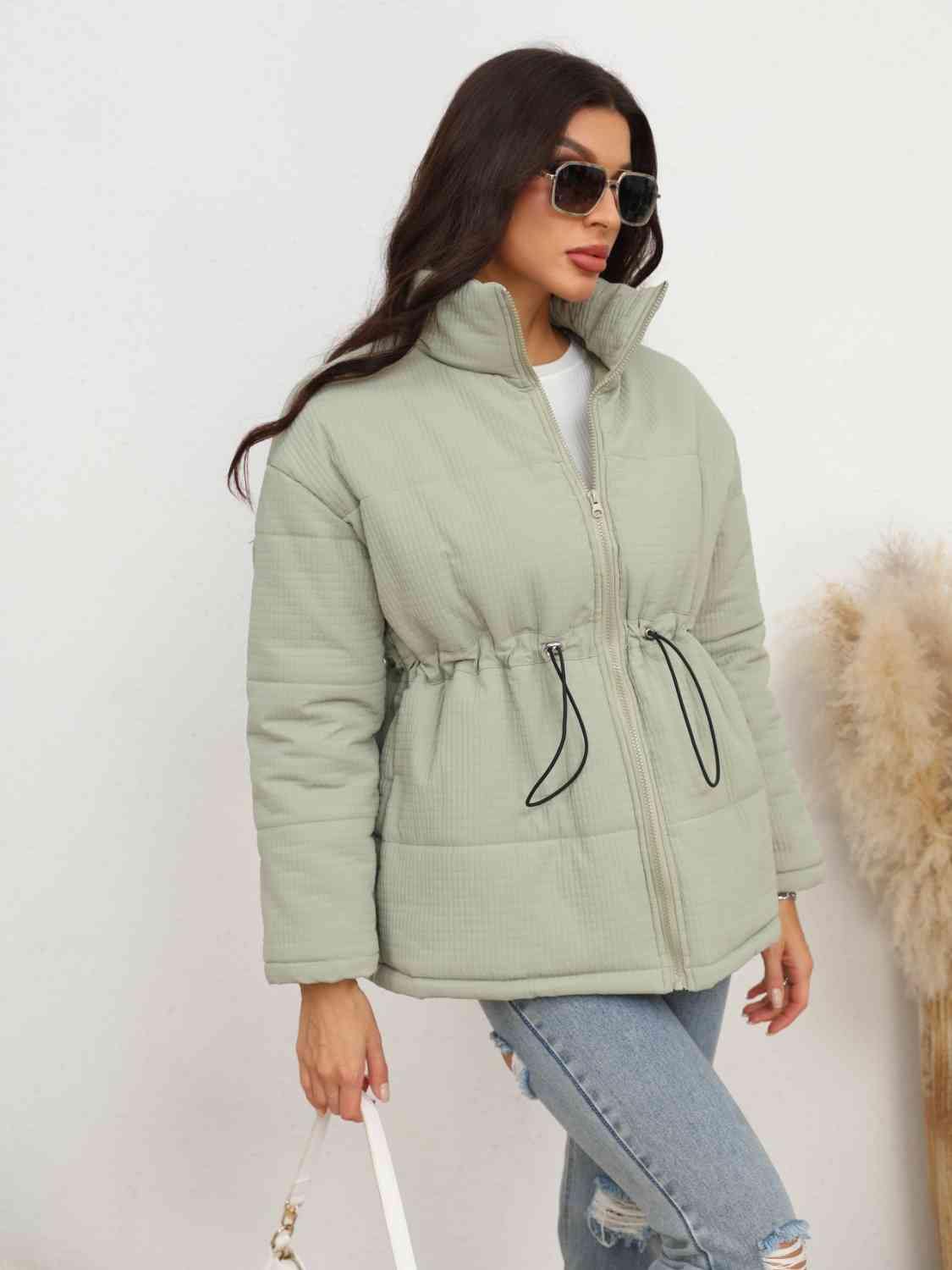 Drawstring Waist Zip-Up Puffer Jacket - Trendsi