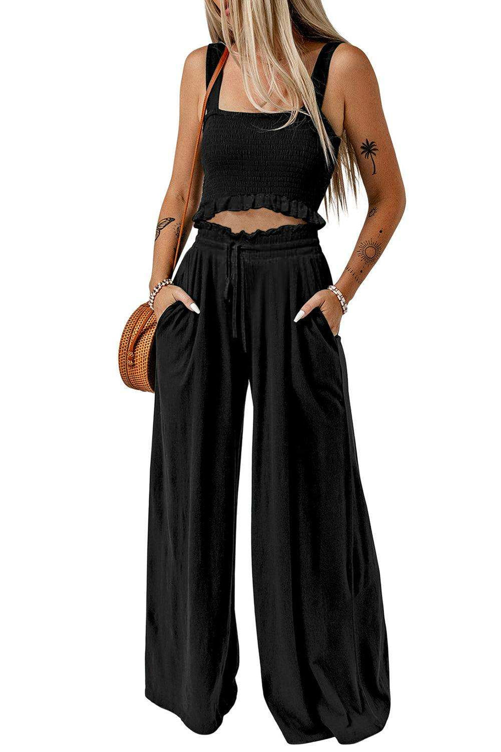 Square Neck Cropped Tank Top and Long Pants Set - Trendsi - Flyclothing LLC