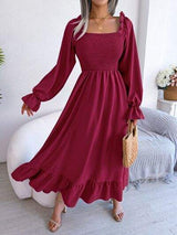 Smocked Square Neck Flounce Sleeve Dress - Trendsi - Flyclothing LLC