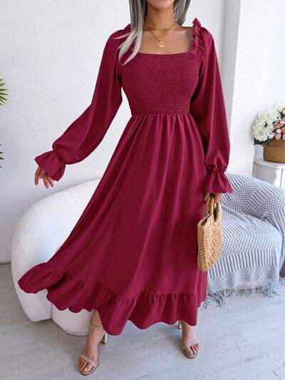 Smocked Square Neck Flounce Sleeve Dress - Trendsi - Flyclothing LLC