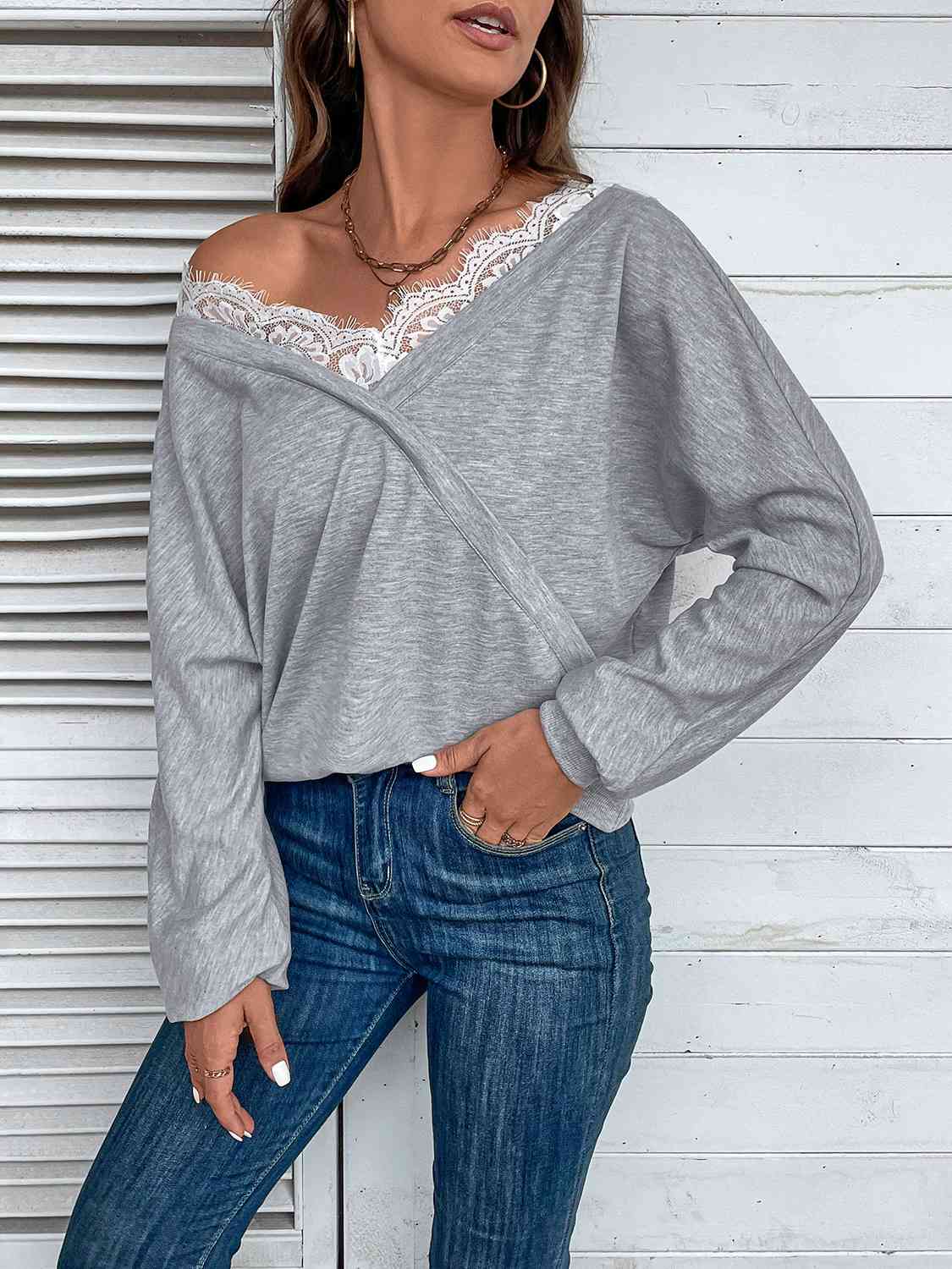 Lace Detail Long Sleeve Top - Trendsi - Flyclothing LLC
