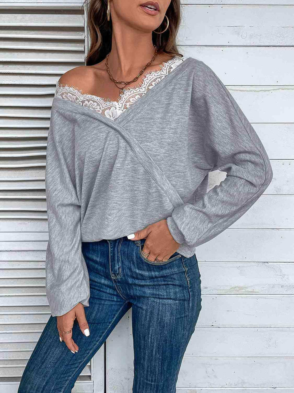 Lace Detail Long Sleeve Top - Trendsi - Flyclothing LLC