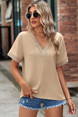 Openwork V-Neck Short Sleeve T-Shirt - Trendsi - Flyclothing LLC