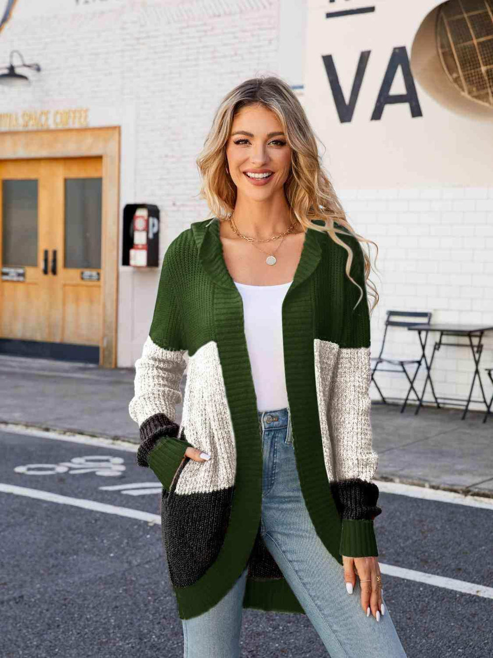 Color Block Open Front Hooded Cardigan - Trendsi - Flyclothing LLC