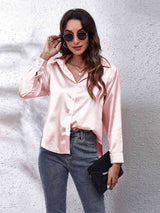 Collared Neck Buttoned Long Sleeve Shirt - Trendsi - Flyclothing LLC