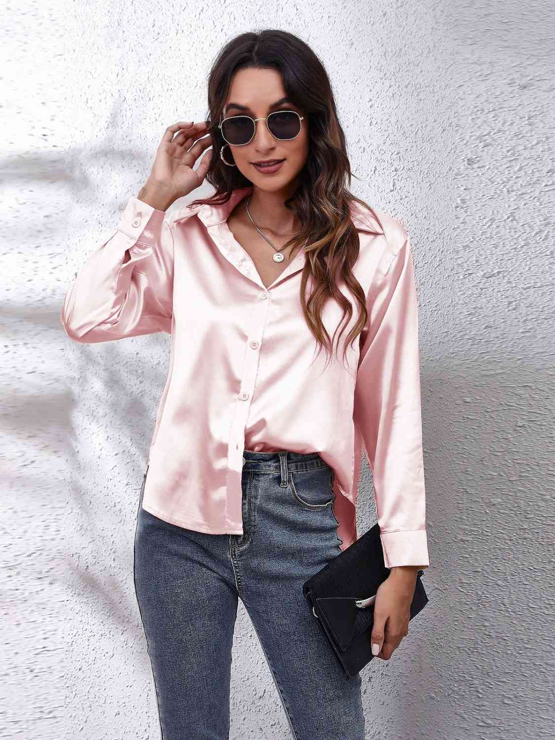 Collared Neck Buttoned Long Sleeve Shirt - Trendsi - Flyclothing LLC