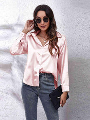 Collared Neck Buttoned Long Sleeve Shirt - Trendsi
