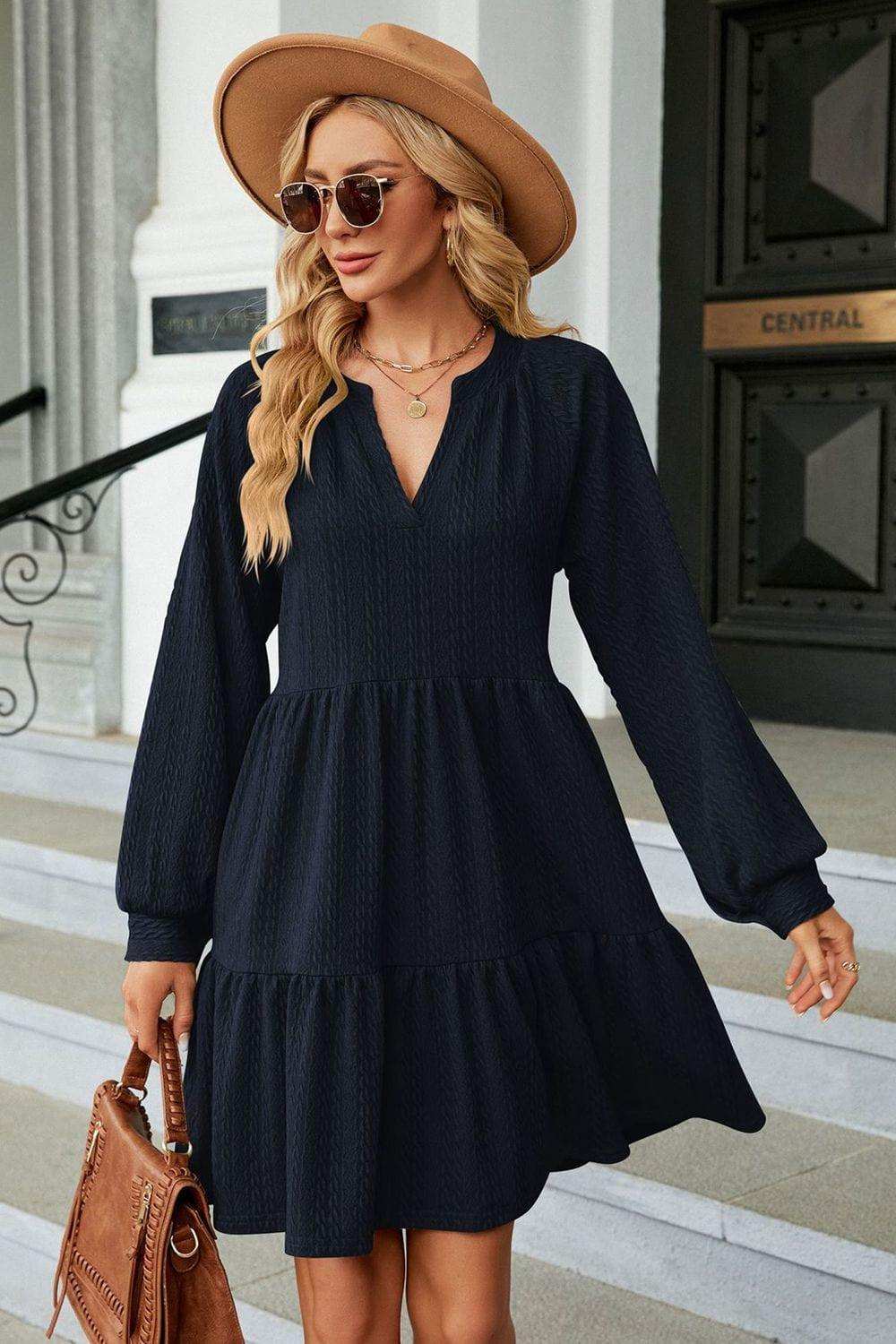Notched Neck Long Sleeve Mini Dress - Trendsi - Flyclothing LLC