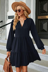 Notched Neck Long Sleeve Mini Dress - Trendsi