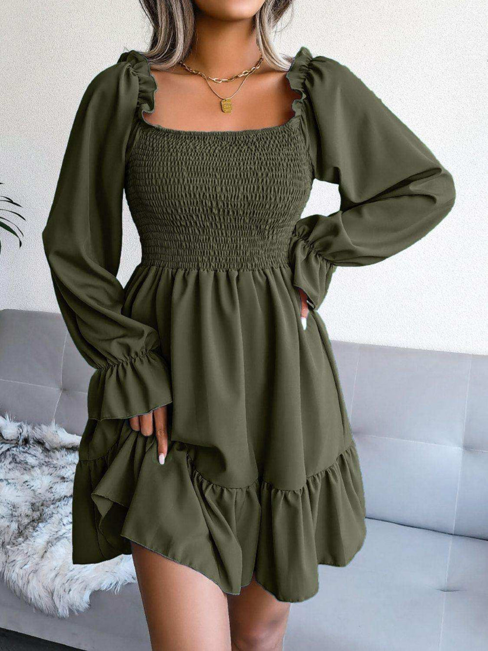 Smocked Flounce Sleeve Square Neck Dress - Trendsi - Flyclothing LLC