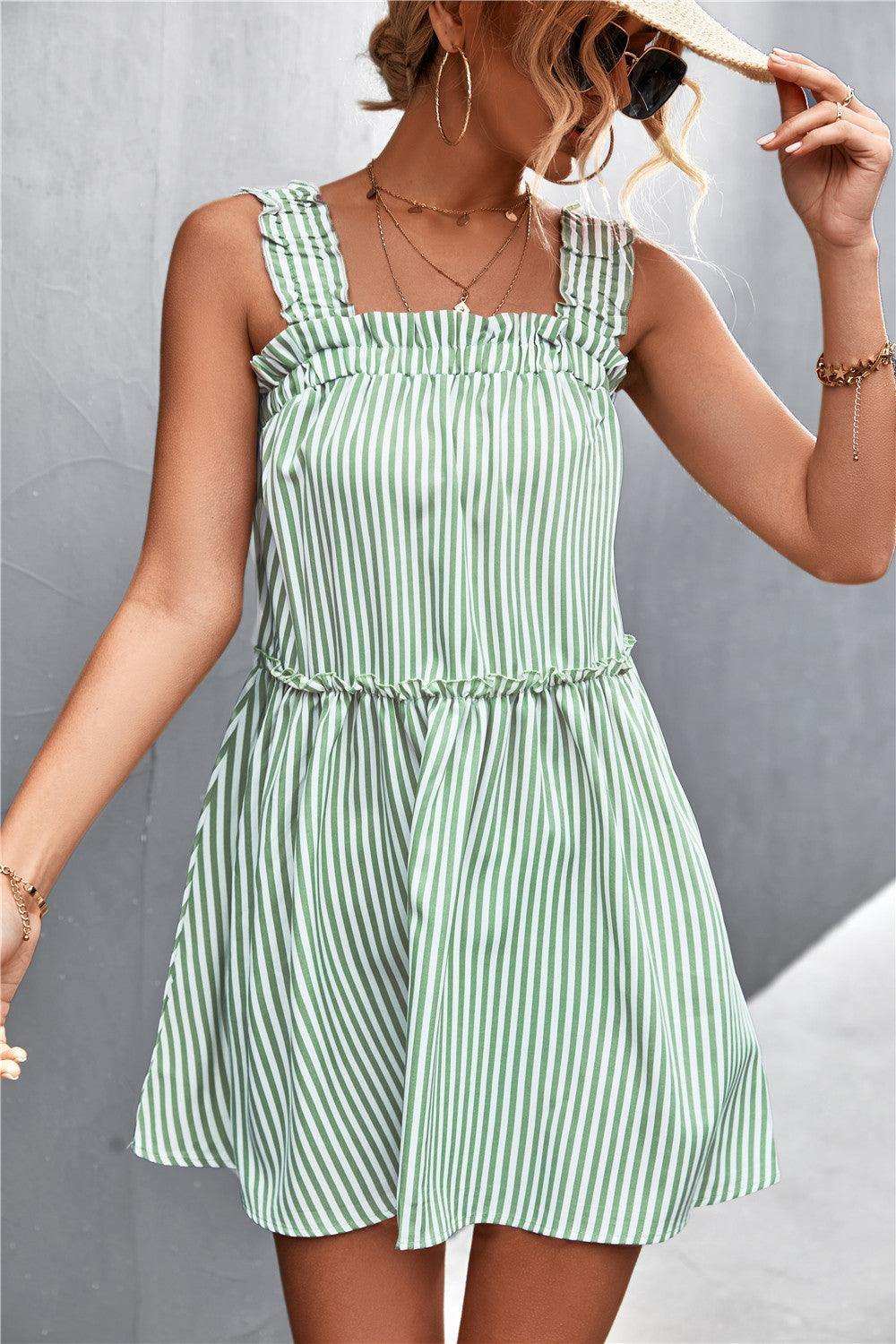 Striped Frill Trim Square Neck Dress - Trendsi - Flyclothing LLC