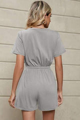 Drawstring Half Button Short Sleeve Romper - Trendsi - Flyclothing LLC