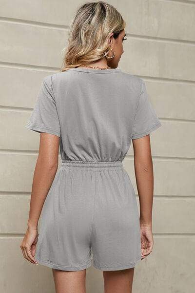 Drawstring Half Button Short Sleeve Romper - Trendsi - Flyclothing LLC