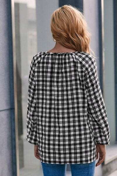 Plaid Tie Neck Balloon Sleeve Blouse - Trendsi - Flyclothing LLC