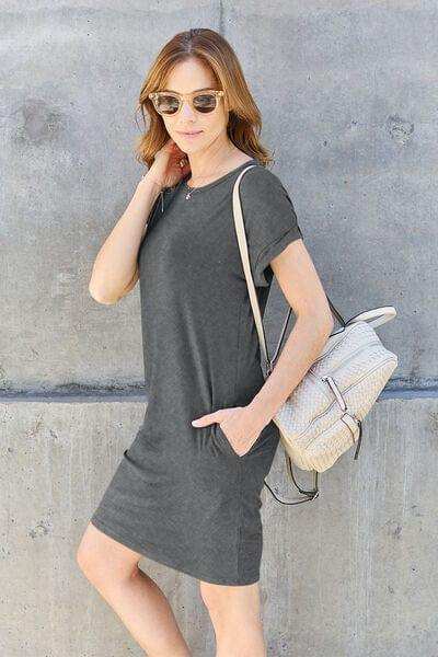 Basic Bae Full Size Round Neck Short Sleeve Dress with Pockets - Trendsi - Flyclothing LLC