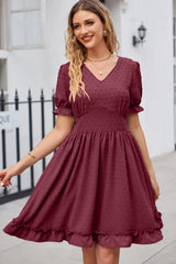 Swiss Dot Frill Trim Flounce Sleeve V-Neck Dress - Trendsi - Flyclothing LLC