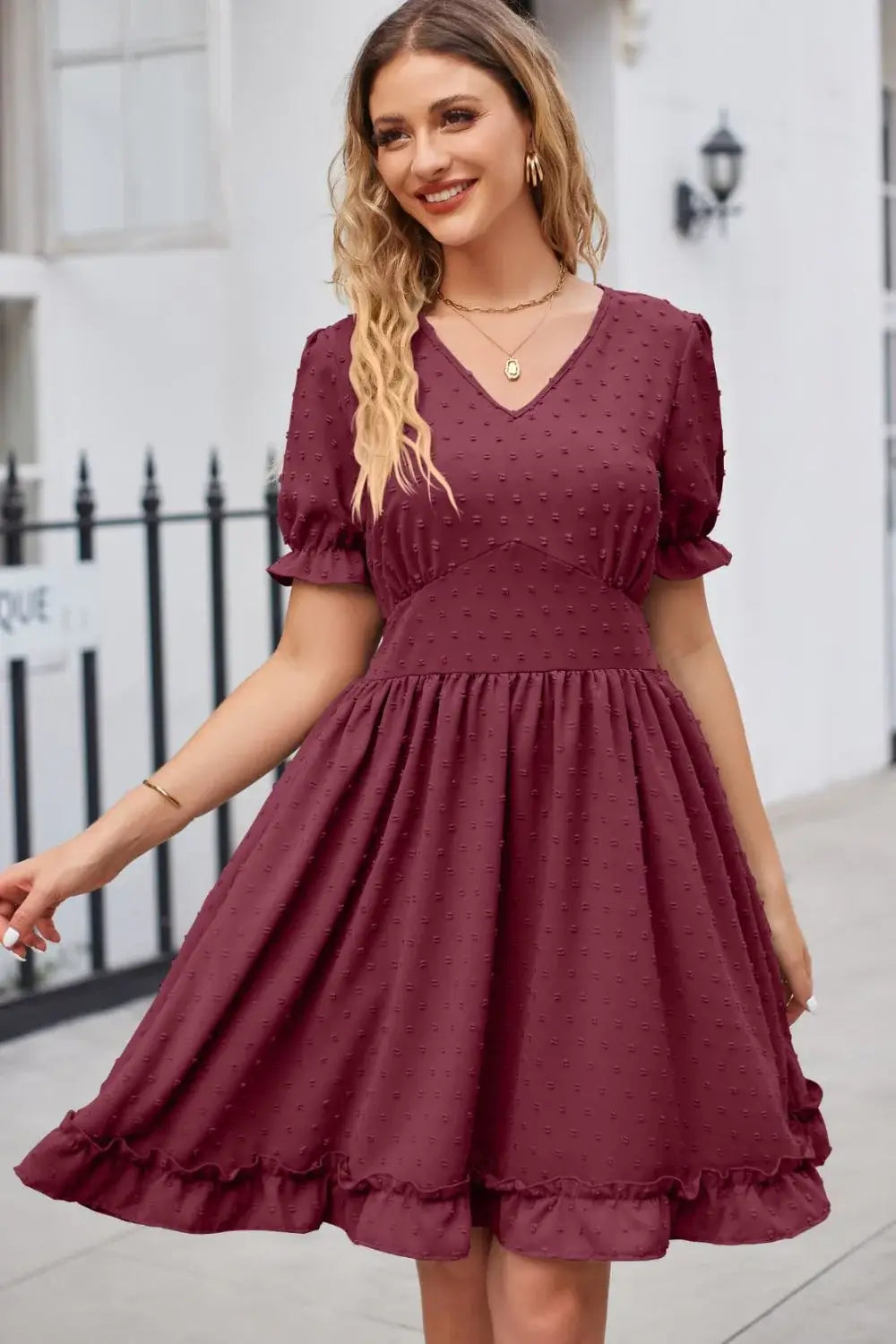 Swiss Dot Frill Trim Flounce Sleeve V-Neck Dress - Trendsi - Flyclothing LLC