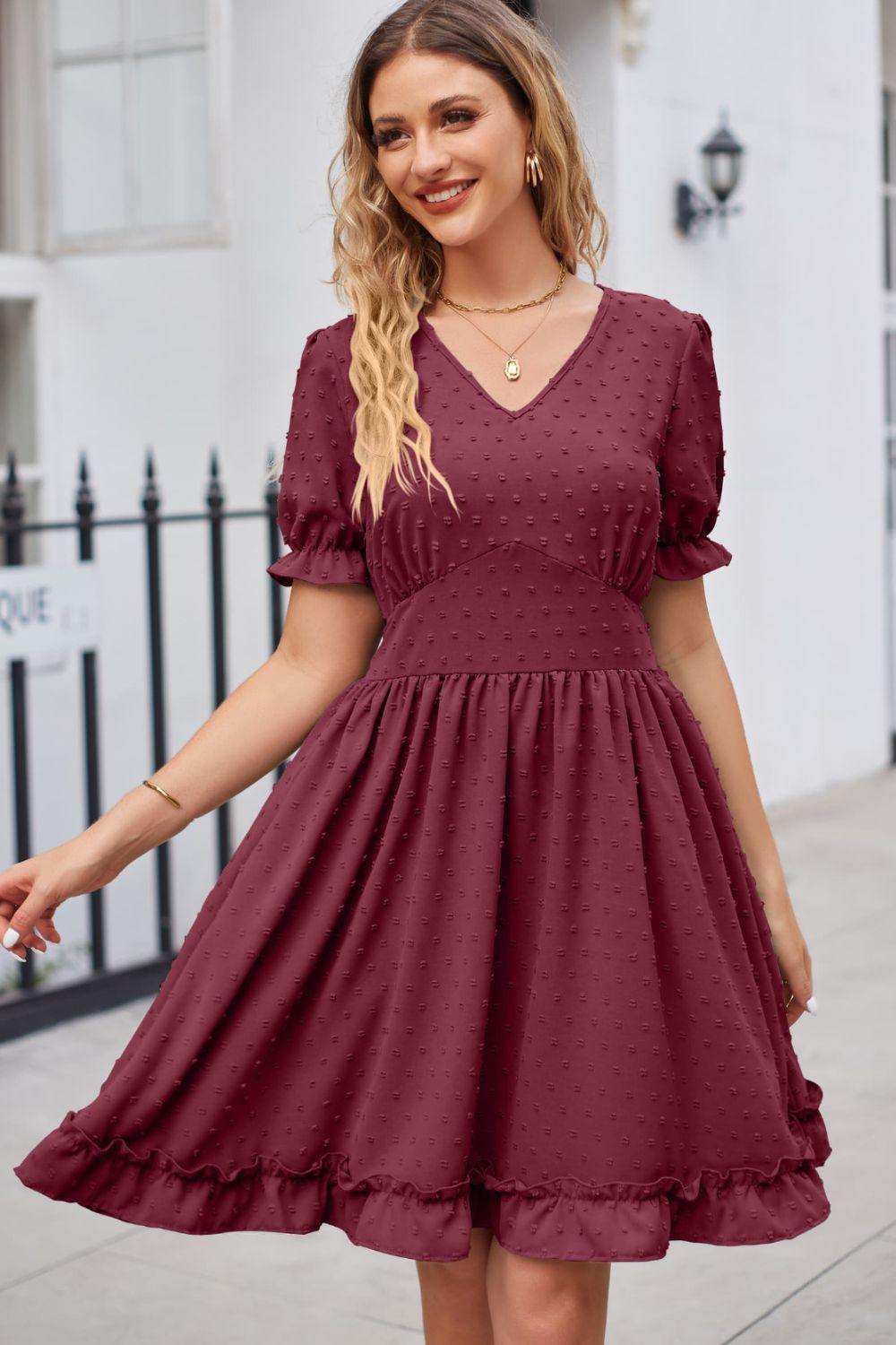 Swiss Dot Frill Trim Flounce Sleeve V-Neck Dress - Trendsi - Flyclothing LLC