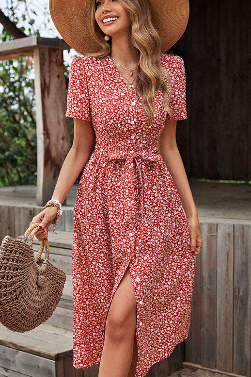 Ditsy Floral Button Front Tied Puff Sleeve Dress - Trendsi - Flyclothing LLC
