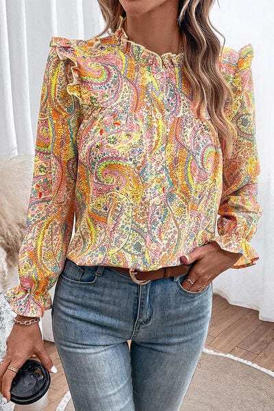 Printed Frill Flounce Sleeve Shirt - Trendsi - Flyclothing LLC