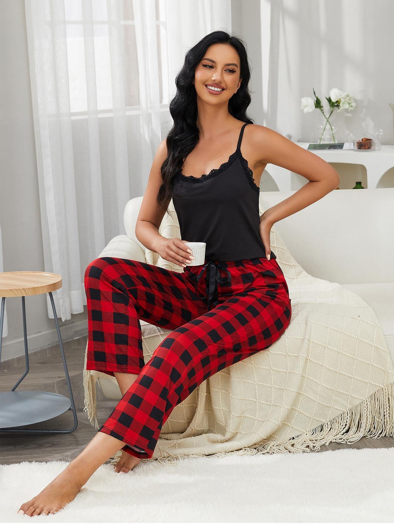 Lace Trim Cami and Plaid Pants Lounge Set - Trendsi