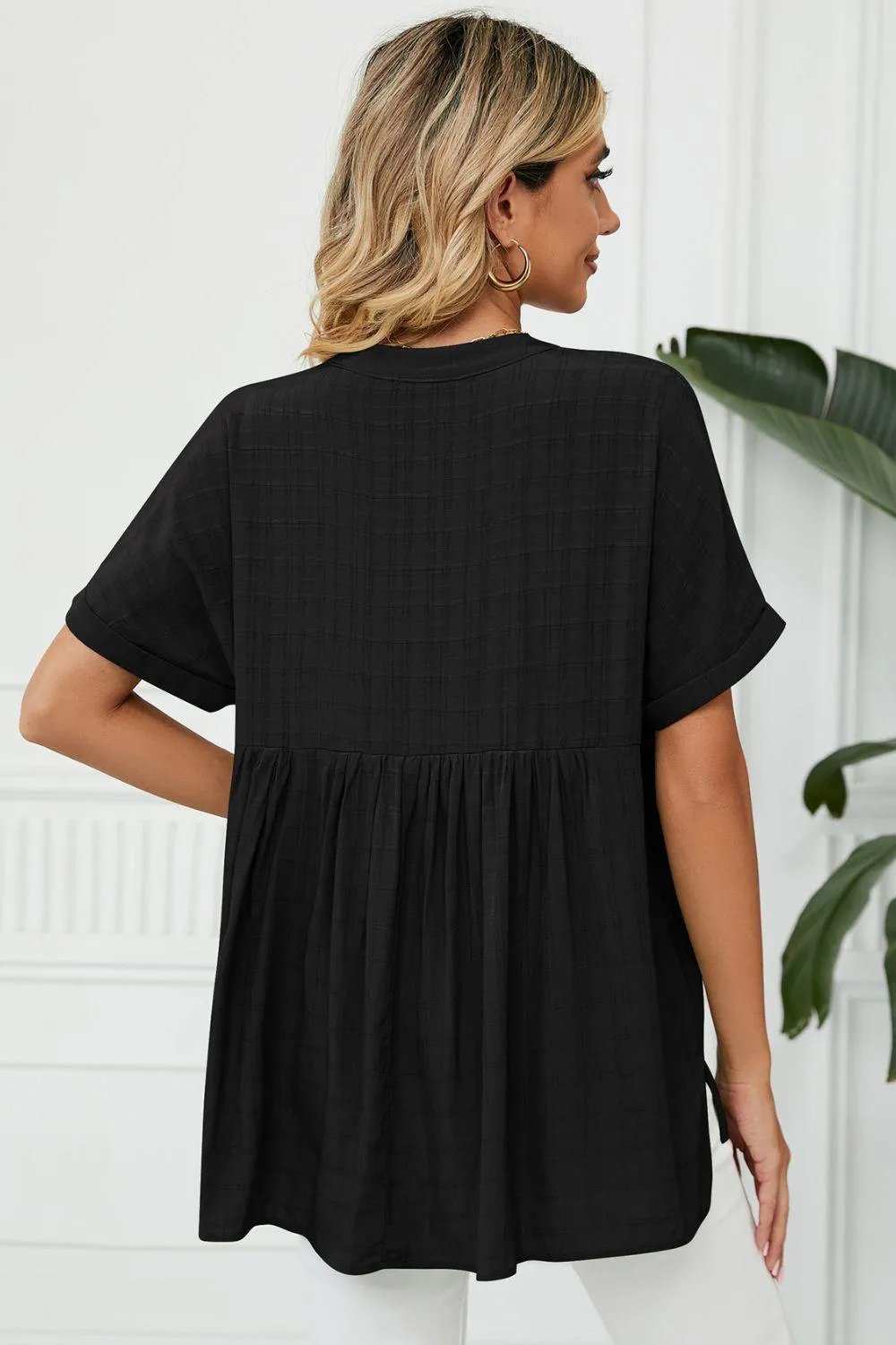 Side Slit Notched Neck Cuffed Short Sleeve Blouse - Trendsi - Flyclothing LLC