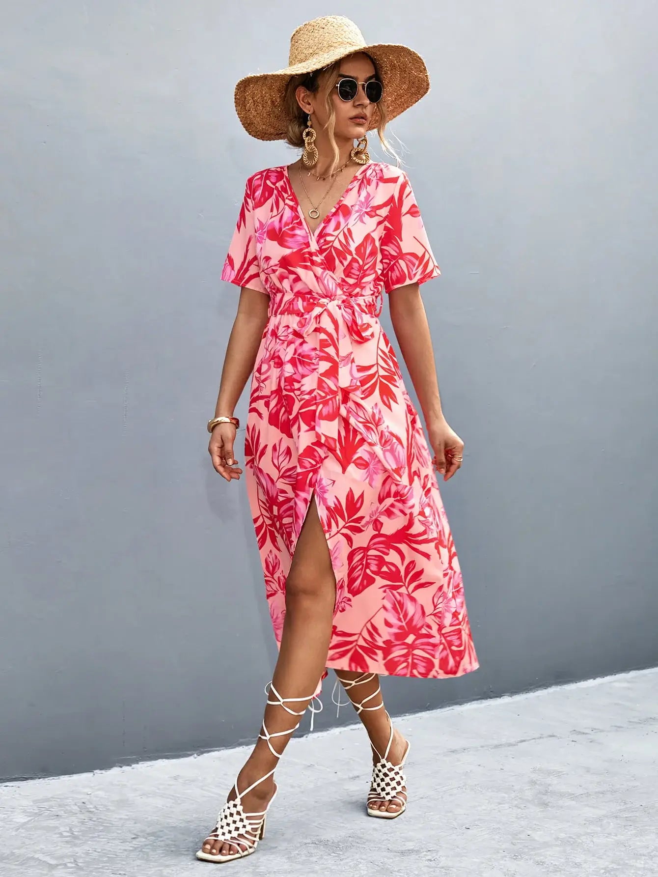 Floral Print High Slit Surplice Neck Tie Waist Midi Dress - Trendsi - Flyclothing LLC