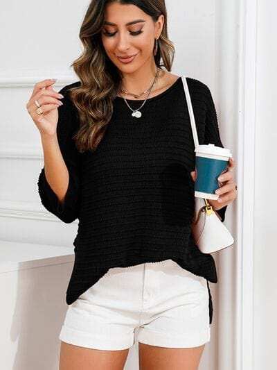 Rolled Round Neck Dropped Shoulder Slit Sweater - Trendsi - Flyclothing LLC
