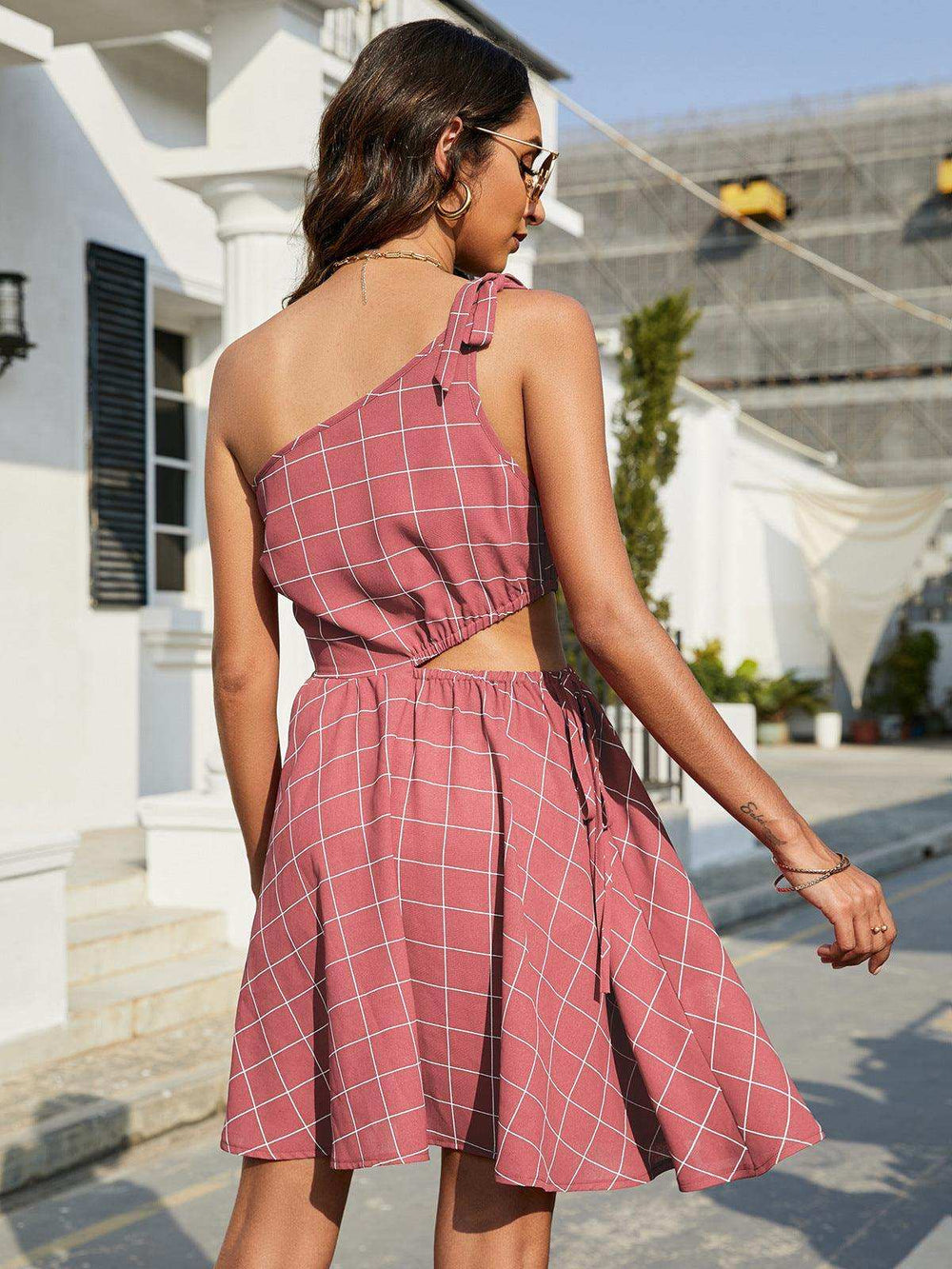 Grid One-Shoulder Tied Cutout Dress - Trendsi - Flyclothing LLC