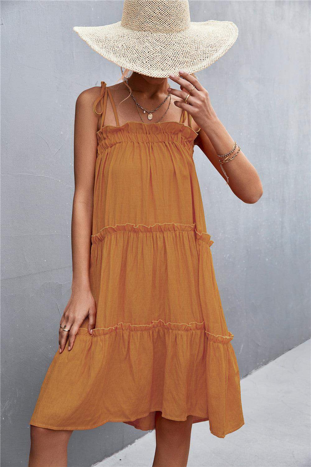 Tie-Shoulder Frill Trim Sleeveless Dress - Trendsi - Flyclothing LLC