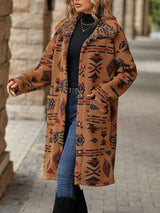 Geometric Pocketed Dropped Shoulder Coat - Trendsi - Flyclothing LLC