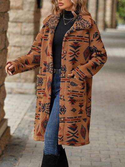 Geometric Pocketed Dropped Shoulder Coat - Trendsi - Flyclothing LLC